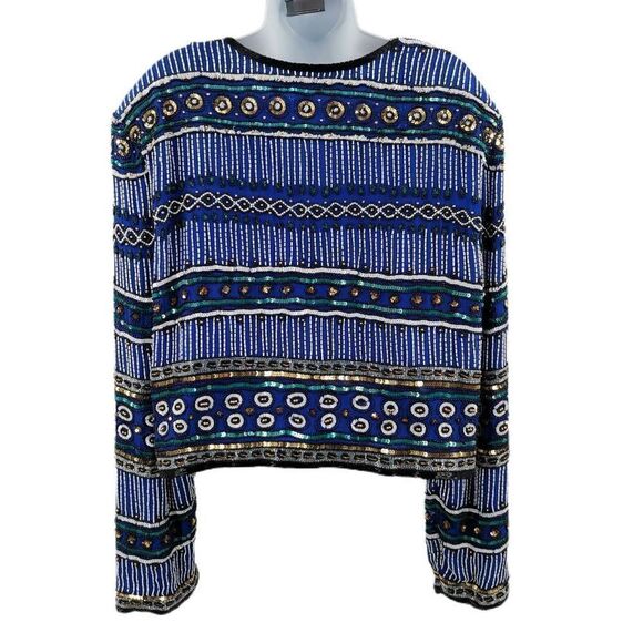 Vintage Blue Silk Beaded Jacket with Geometric Pattern | Niteline by Della Roufo - Picture 2 of 6